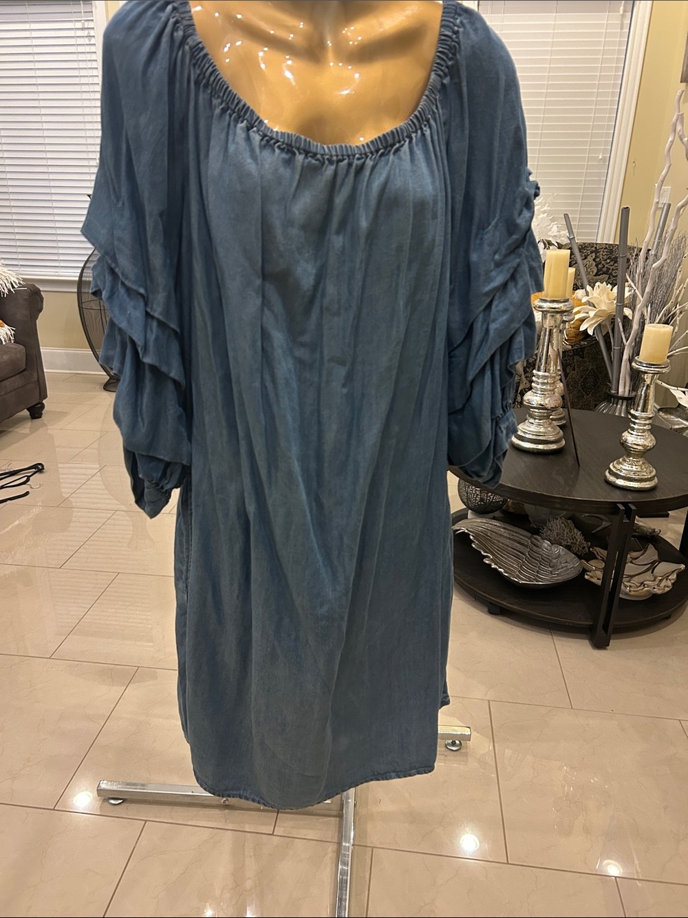 beachlunchlounge Dusty Blue Long Sleeve Peasant Shift Dress